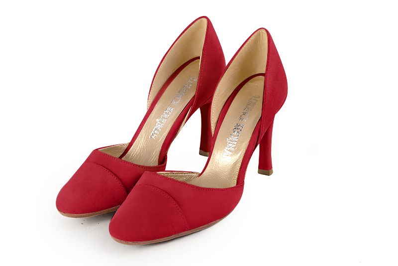 Cardinal red women's open arch dress pumps. Round toe. Very high slim heel. Front view - Florence KOOIJMAN